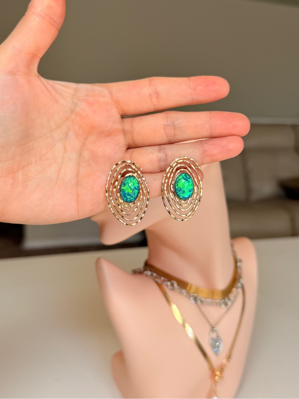 Gold Spiral Frame Earrings with Green Blue Opal Center